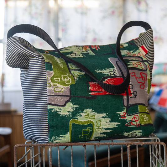 Barkcloth and hickory denim shoulder bag